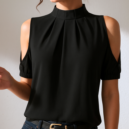 Inge™ | Zwarte Geplooide Blouse Met Gespleten Mouwen